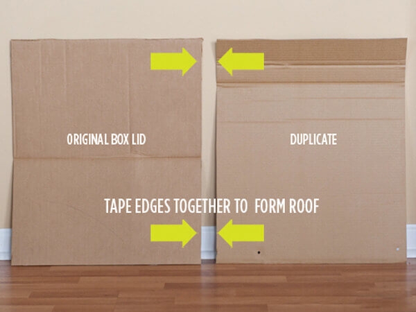 Bước 5 cách làm nhà bằng bìa carton cho bé - Sử dụng phần bìa giấy cắt dư ở bước 3 để làm mái nhà